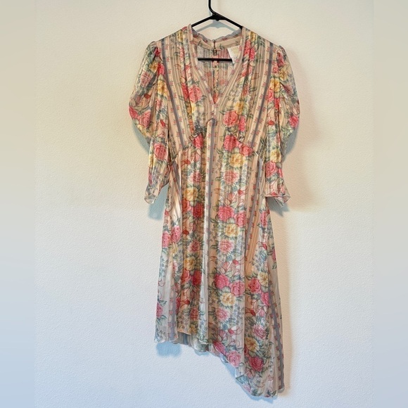 Anna Sui Dresses & Skirts - Anna Sui Whisper Rose Floral Striped Asymmetrical Puff Sleeves Cream Dress 6